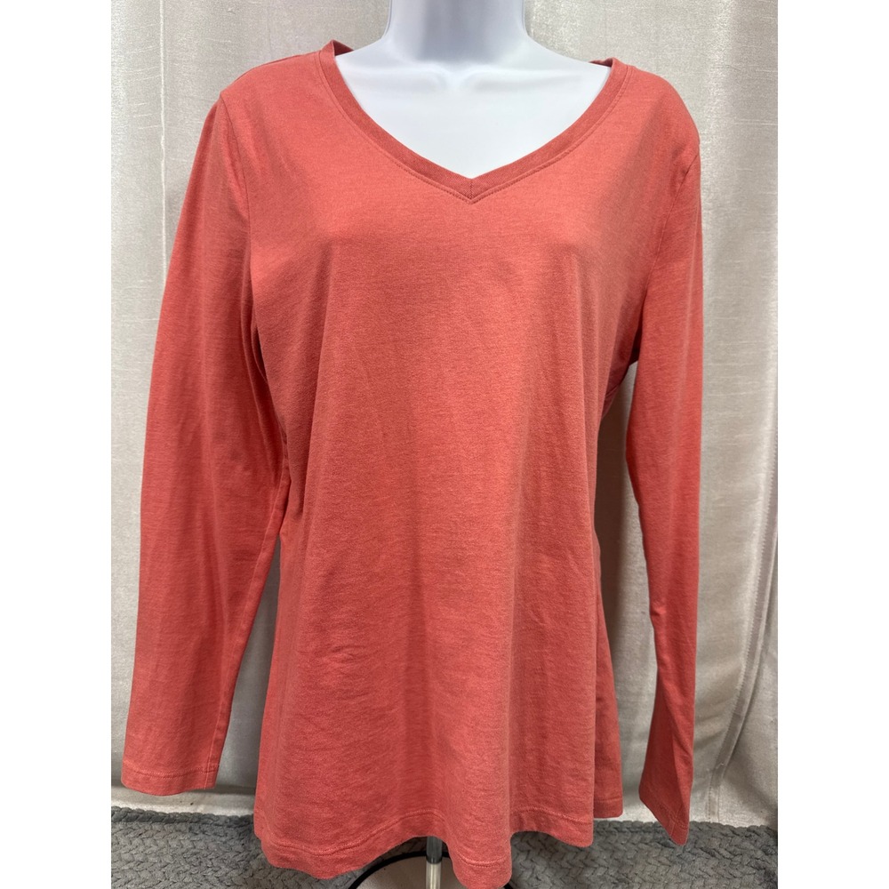 Eddie Bauer‎ Womens Long Sleeve V-Neck Tee Coral Heather Size L Cotton Blend Top